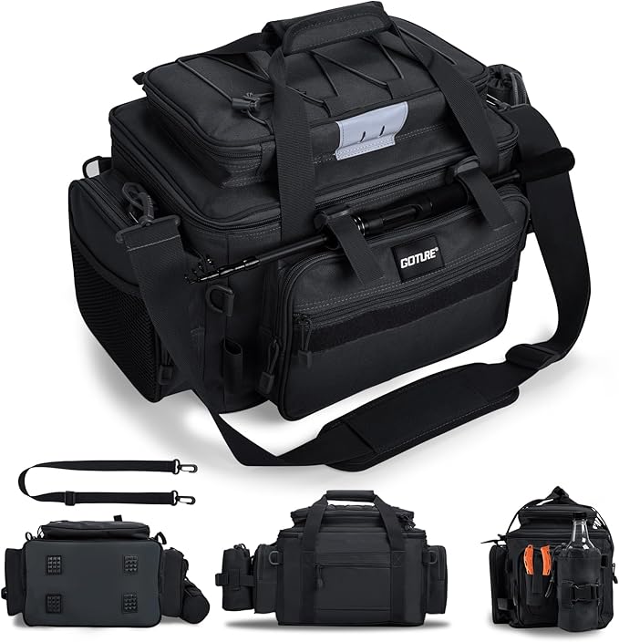 Goture Fishing Tackle Bag, Store Up to 4PCS 3700 Plus 2PCS 3600 Tackle Trays(Not Included), 600D Soft Side Gear Fishing Bag with Rod Straps,Detachable Water Bottle Pouch,Waterproof Bottom,SBS Zippers