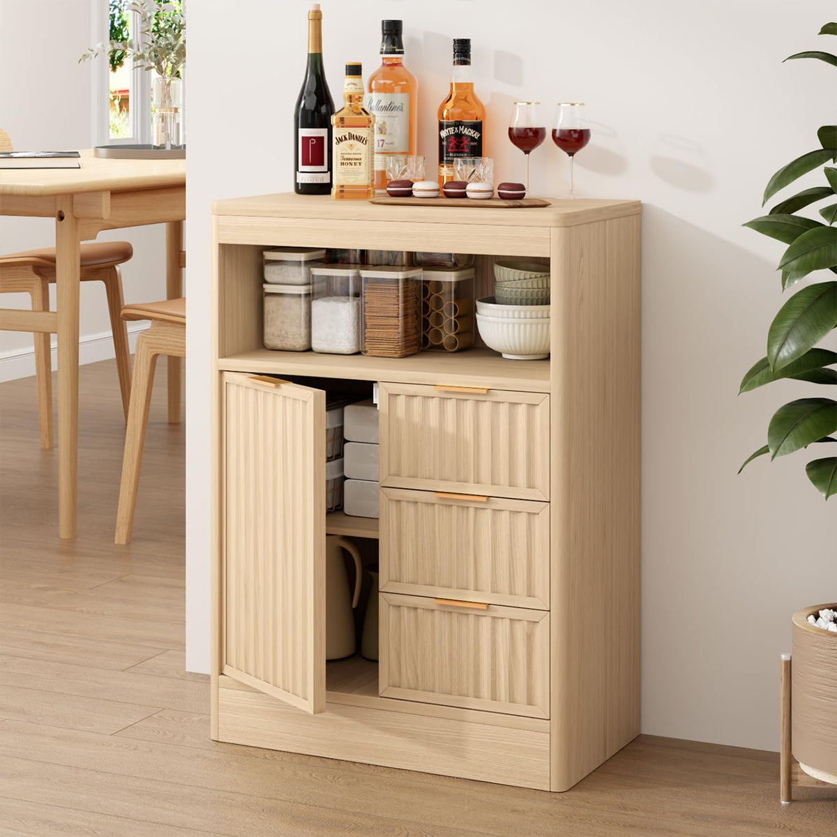 SMORBOSS Coffee Bar Cabinet with Storage, Fluted Buffet Sideboard Cabinet with 3 Drawers & Adjustable Shelf, Rounded Edge Modern Storage Cabinet for Dining Room, Kitchen, Living Room, Entryway, Oak