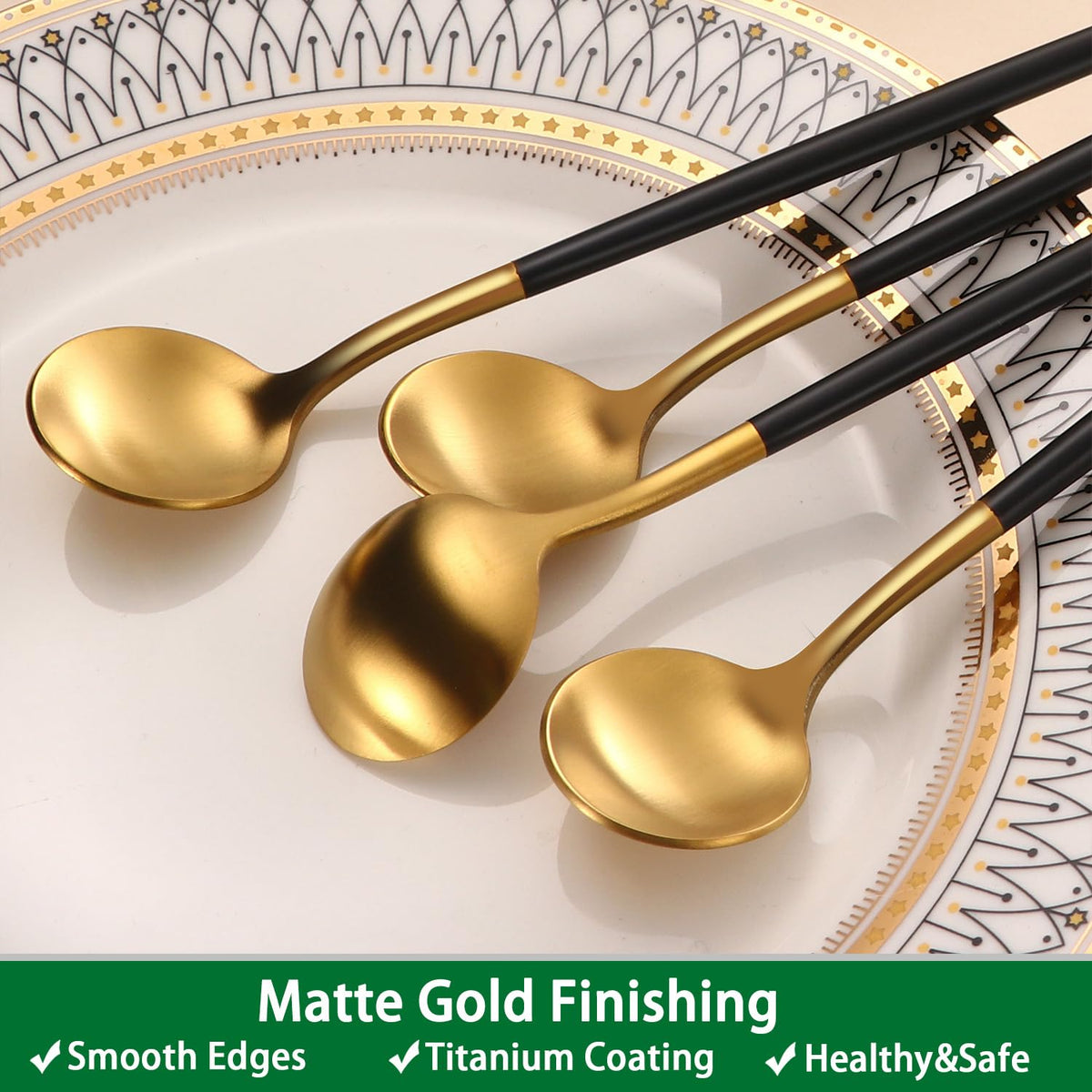 DEHOV 4 PCs 9 Inches Brush Gold Stainless Steel 304 Iced Tea Spoons With Black Handle,Long Handle Coffee Stirring Spoon,SS18/10 Long Latte Spoons Set
