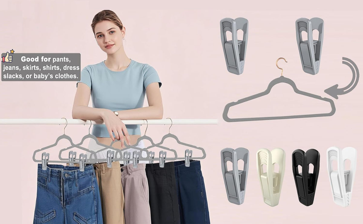 Hanger Clips for Velvet Hangers (Grey, 40 PCS), Non-Slip Plastic Clips Skirt Hanger Clips for Gray Flocking Hangers
