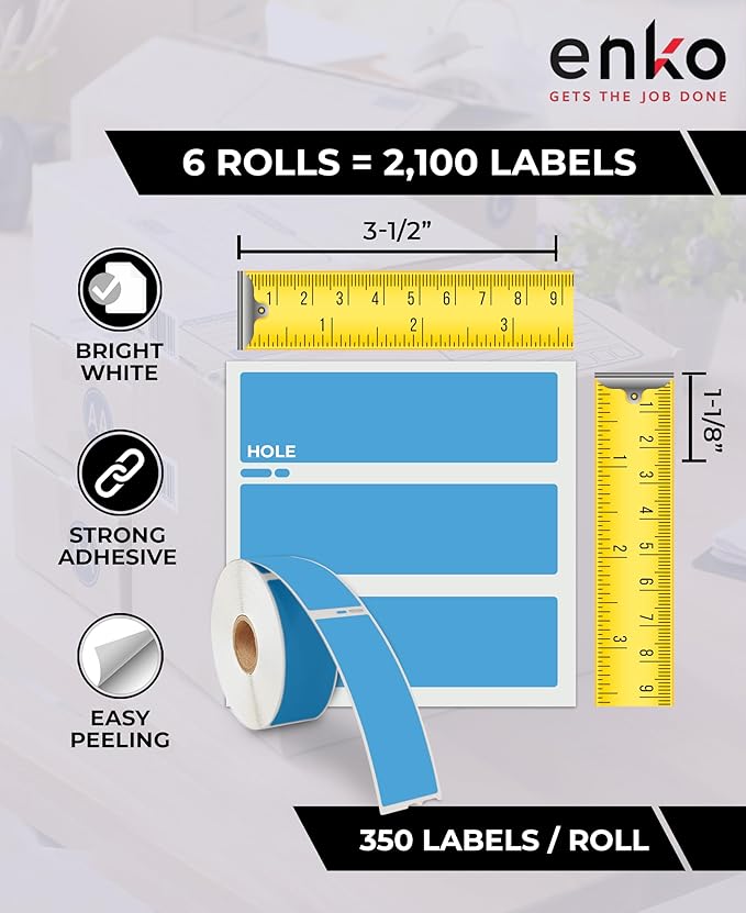 enKo [6 Rolls, 2100 Labels] Address, Shipping & Barcode Labels 30252 - Cyan/Blue (1-1/8" x 3-1/2") Compatible for Dymo LabelWriter & Rollo Printer