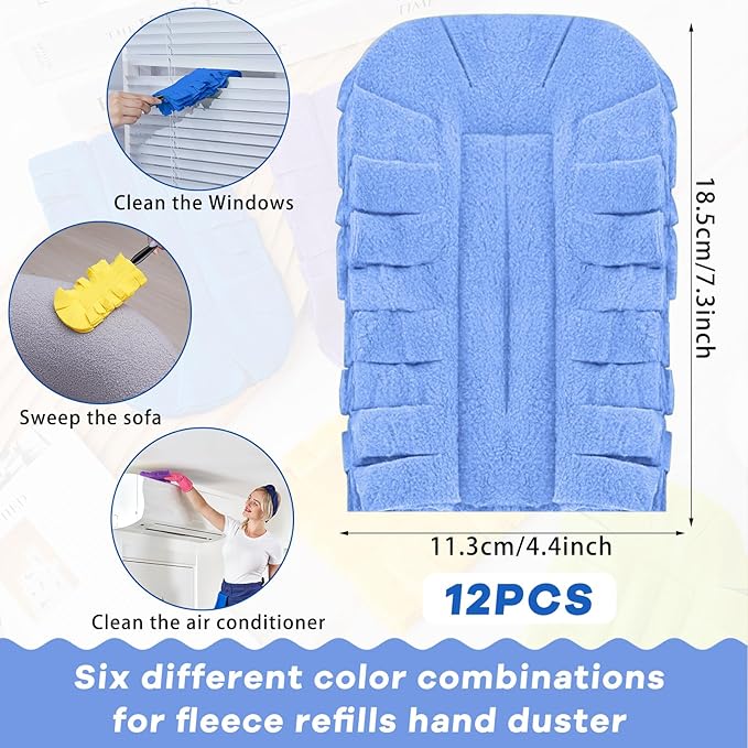 Zubebe 12 Pcs Duster Refill Reusable Fleece Duster Refills Feather Flat Dusters Multi Surface Washable Cleaning Pads Tools for Home, Blinds, Car, Pet, Furniture, Fans (Bright Color)