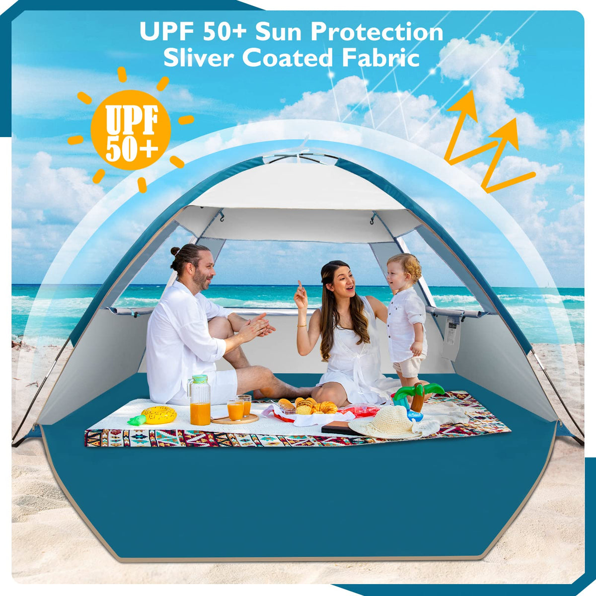 COMMOUDS Beach Tent Sun Shade for 3/4-5/6-7/8-10 Person, UPF 50+ Beach Sun Shelter Canopy Tent, Lightweight, Easy Set Up and Carry