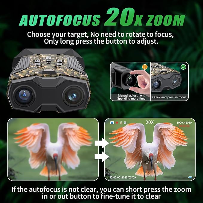 Night Vision Goggles, 4K Full-Color Night Vision Binoculars for Adults,Large-Capacity Rechargeable Battery with 32GB TF Card, 20X Digital Zoom & 3'' Large Screen，Suitable for Camping & Fishing