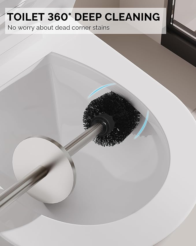 Toilet Brush and Holder Set, Stainless Steel Toilet Bowl Brush with Lid, Rust Proof Toilet Cleaner Brush with Caddy, Durable Bristles, Splash Proof, Ideal for Bathroom (1 Pack, Brushed Nickel)