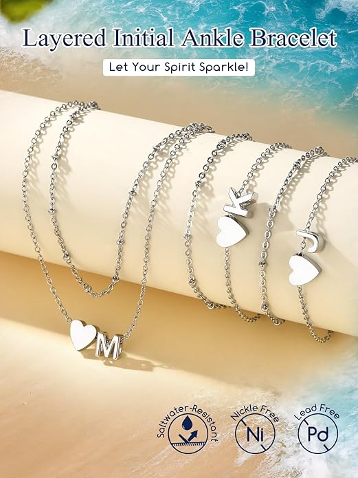 Suplight Stainless Steel Initial Ankle Bracelets for Women Layered Dainty Heart Anklet Beaded Anklets for Women Waterproof Plus Size Ankle Foot Chain Summer Essentials Jewelry(with Gift Box)