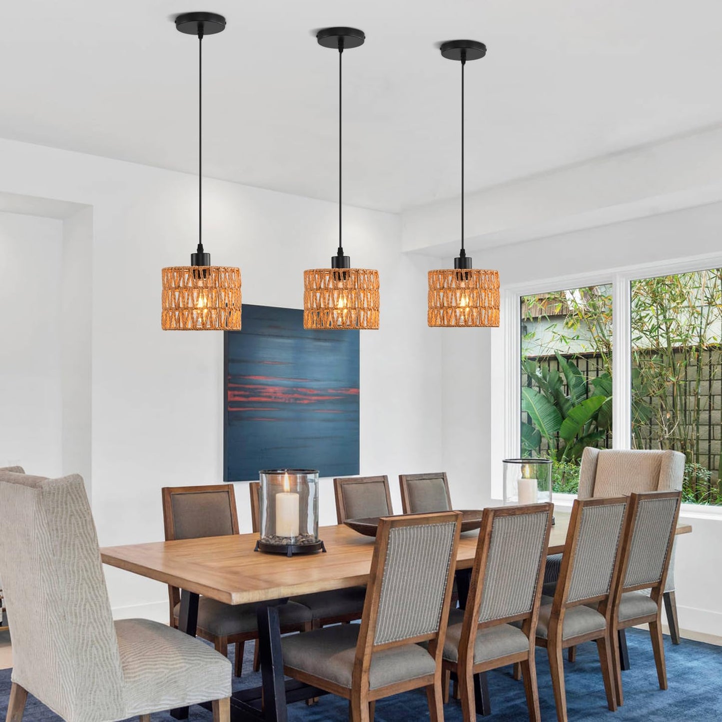 Woven Pendant Light Boho Chandelier, Rattan Pendant Lights Kitchen Island, Farmhouse Pendant Lighting with Hand Woven Wicker Shade, Boho Chandelier Light Fixtures Ceiling Hanging Light
