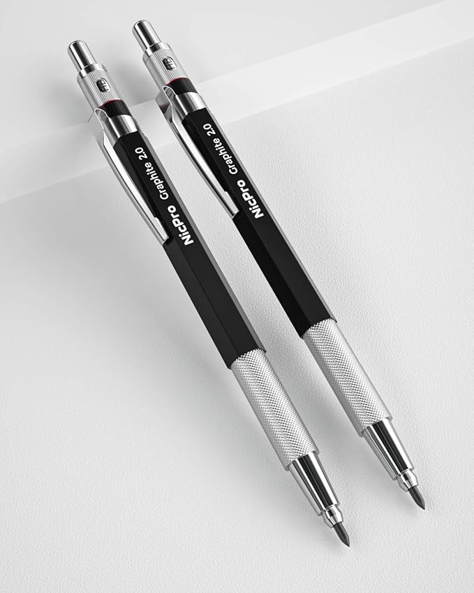 Nicpro 2mm Metal Mechanical Pencil Set, 2PCS Lead Holder 2.0 mm Marker Artist Carpenter Pencils with 120 Graphite Lead Refill (HB 2H 4H 2B 4B & Color), 2 Eraser for Drafting, Drawing Writing Sketching