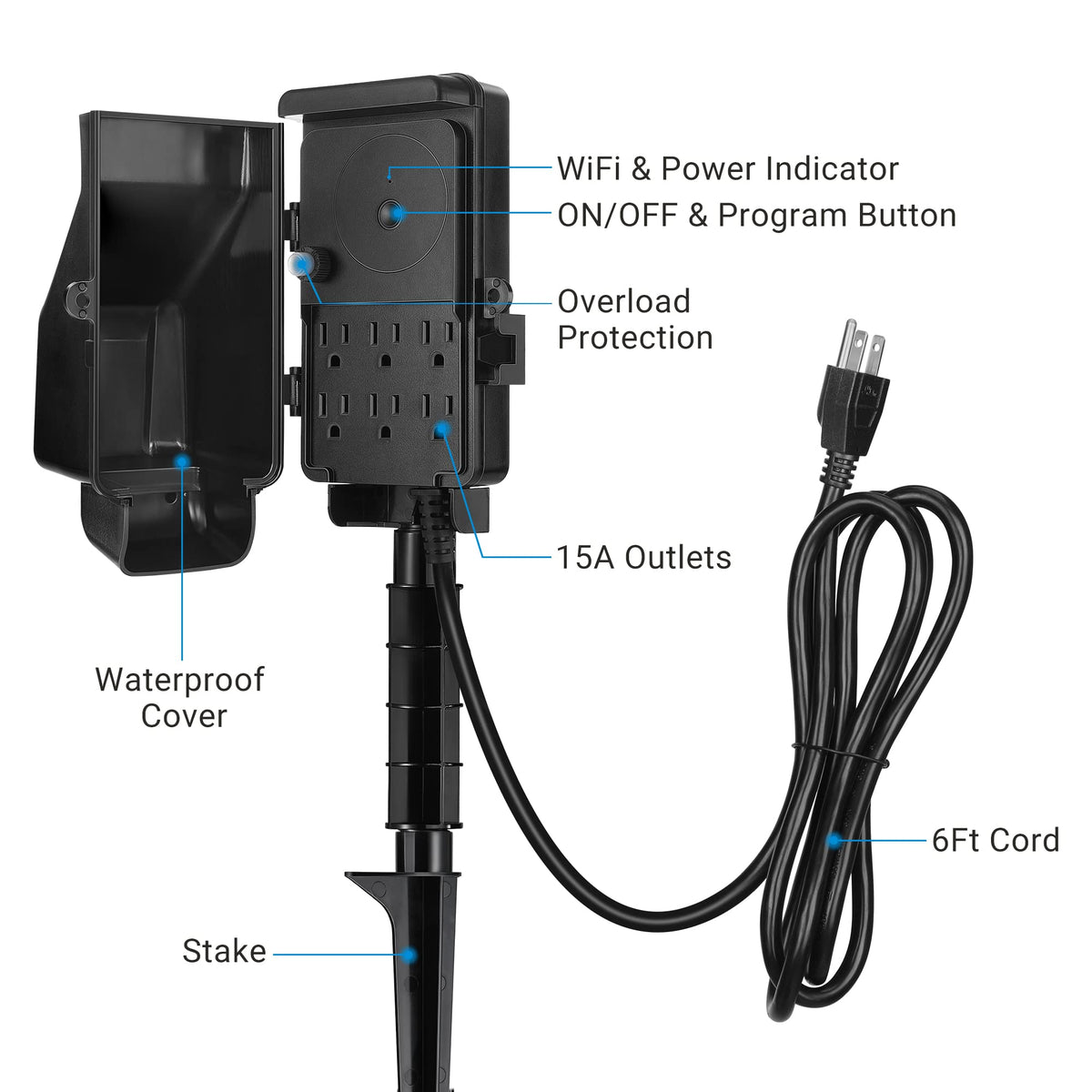 DEWENWILS WiFi Smart Yard Stake Plug with 6 Outlets, Voice Control, Waterproof Power Stake Timer with 6Ft Cord, Alexa&Google Assistant Compatible, 1875W/15A, Timer for Lights, Yard, Garden