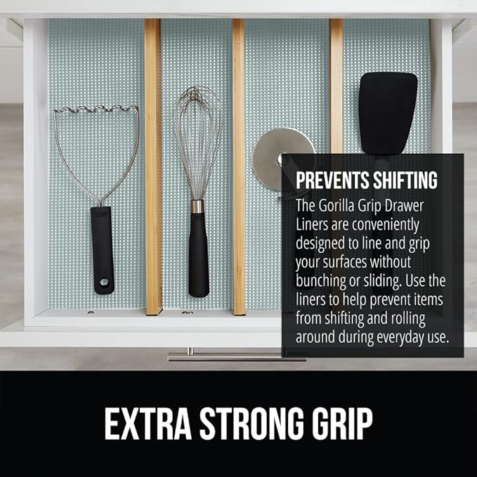 GORILLA GRIP powerGRIP Drawer Shelf and Cabinet Liner, Thick Strong Hold, Non-Adhesive Liners Protect Kitchen Cabinets and Cupboard, Bathroom Drawers, Easy Install, Breathable Mat, 12" x20', Spa Blue