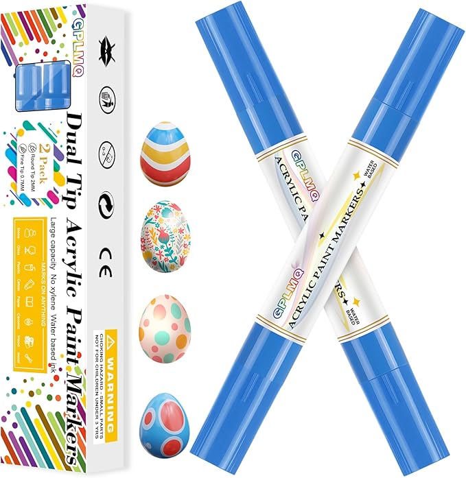 Paint Markers Paint Pens - 2 Pack Dual Tip Acrylic Permanent Marker (0.7mm & 3mm), Non-Toxic, Water-Based for Art Painting, Stone, Ceramic, Glass, Wood, Fabric, Metal, DIY Crafts (Blue)