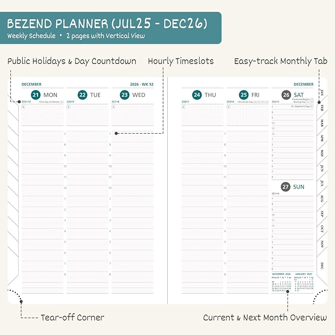 BEZEND Planner 2025-2026 Weekly and Monthly, 8.5" x 11" Academic Calendar (Jul 25-Dec 26) Vertical Daily Appointment with Hourly Timeslot & Monthly Tab, PU Leather Hardcover - Dark Green