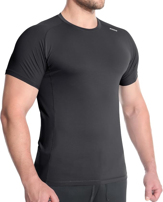 BROKIG Mens 4.9oz Cooling Gym Workout Shirts,Bodybuilding Athletic Running Shirt Casual Crew Neck Fitted Short Sleeve