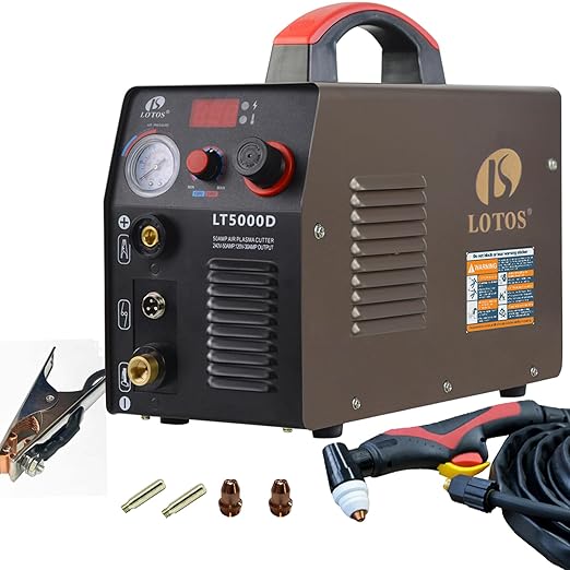 LOTOS LT5000D Plasma Cutter, 2024 Upgraded 5/8 inch 16mm Clean Cut 3/4 inch 20mm Severance Cut 50A Plasma Metal Cutter Machine, Plasma Cutting Equipment, Dual Voltage 120V or 240V, Brown