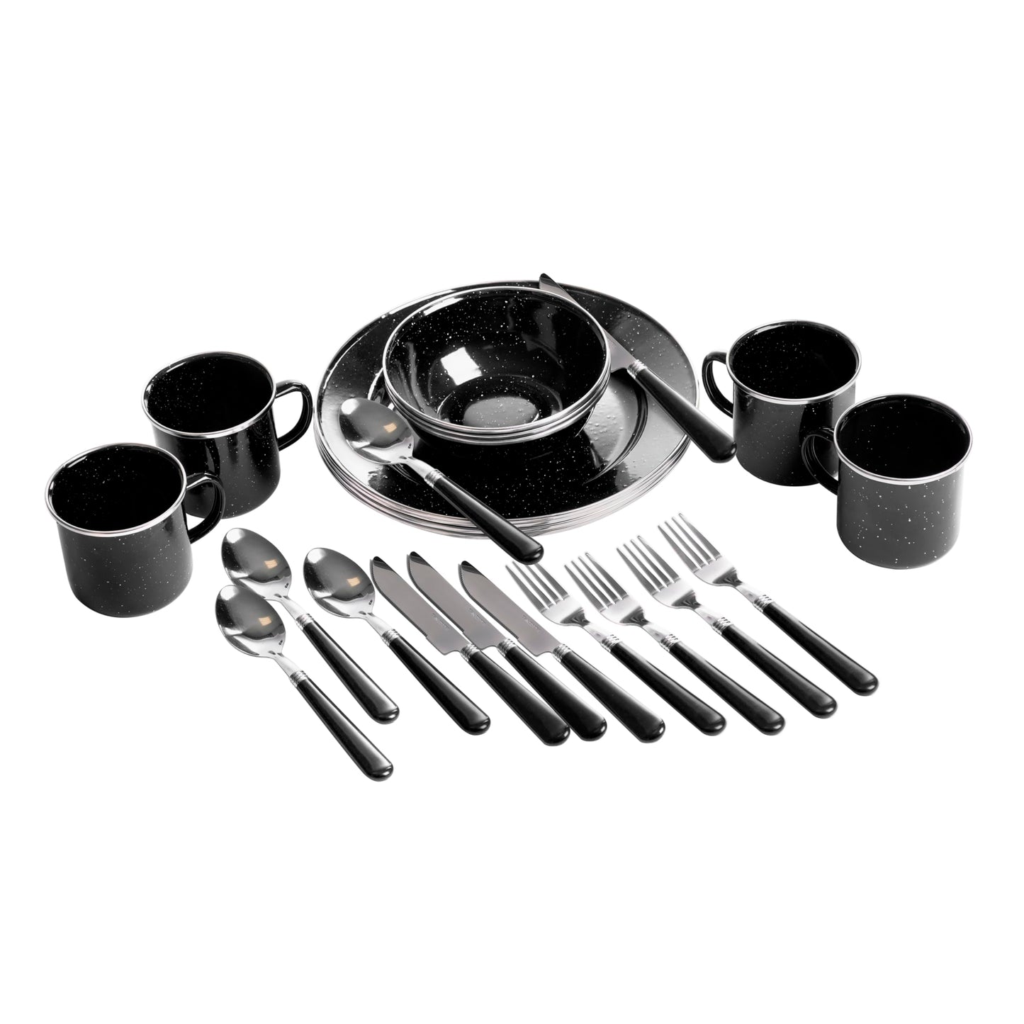 Stansport Deluxe 24-Piece Enamel Tableware Set - Black (11220-20) - Enamel Plates and Bowls Lightweight and Durable Camp Dish Set for Camping and Backpacking Plates and Bowls for 4 People
