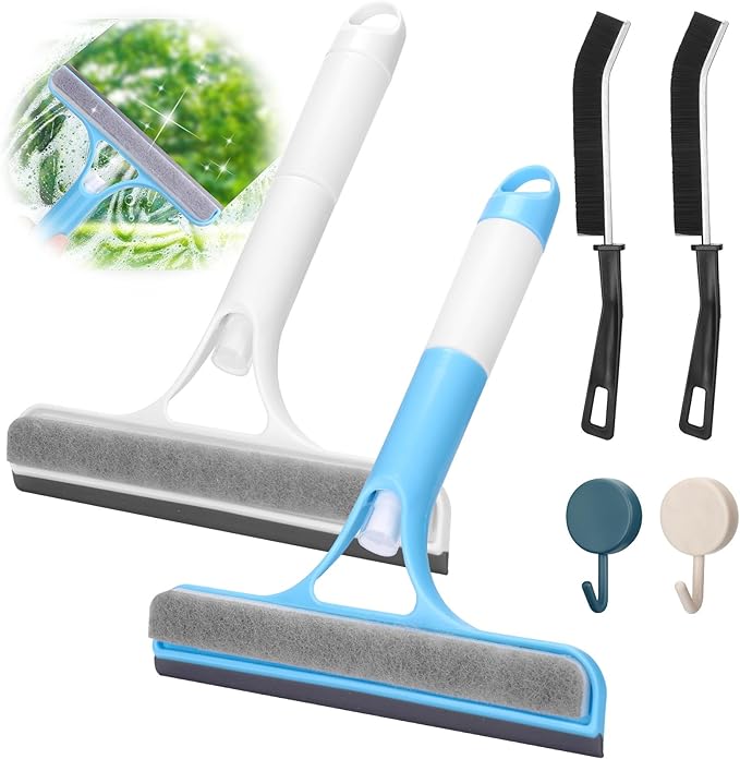 Juome 2PCS 3 in 1 Window Cleaning Scraper - Window Cleaner Squeegee with Sprayer, Squeegee for Window Cleaning Kit, Window Cleaning Tool with Cleaning Brush for Shower Glass, Mirrors, Home Window, Car