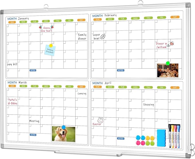 Dry Erase Calendar for Wall 4 Month, WALGLASS 48" x 36" Large Double-Sided White Board Calendar, Dry Erase Monthly Whiteboard, Silver Aluminum Frame Hanging Wall Mounted Board for Office Home School