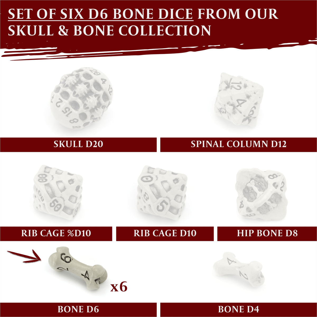 D6 Dice Set - Set of Six 6 Sided Dice - Skull & Bone Themed RPG Dice. Cool & Unique Gift and Compatible with Dungeons & Dragons (DND), D&D, Pathfinder, D and D. (Cleaned Bone White)