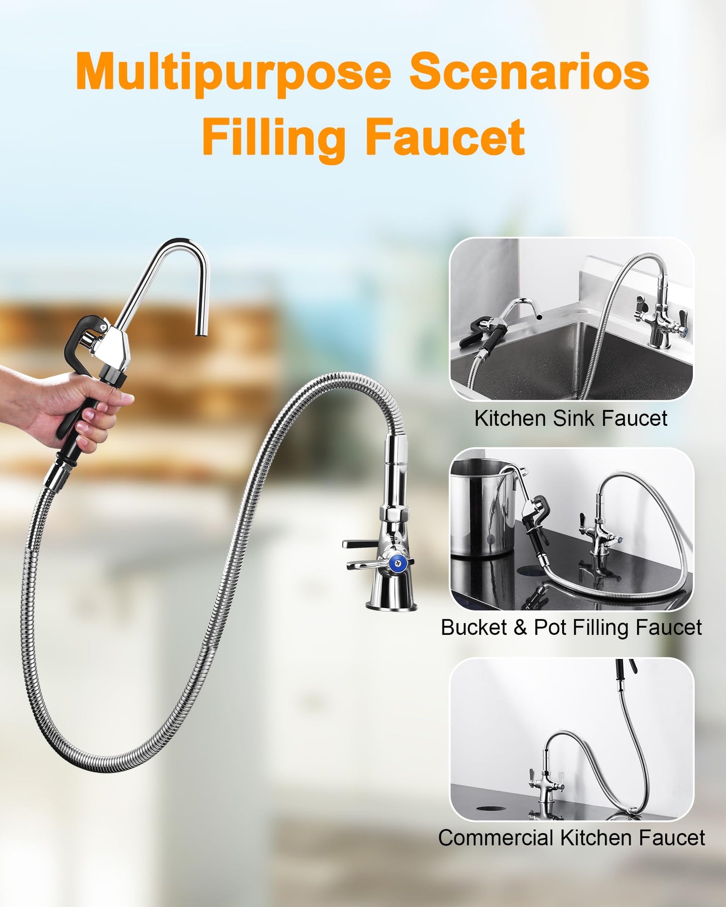 iVIGA Commercial Pot Filler Faucet - Deck Mount Pot Kettle Filling Faucet - Brass Kitchen Faucet Dual Handles Single Hole with 43" Hose and Sprayer Hook Nozzle Chrome