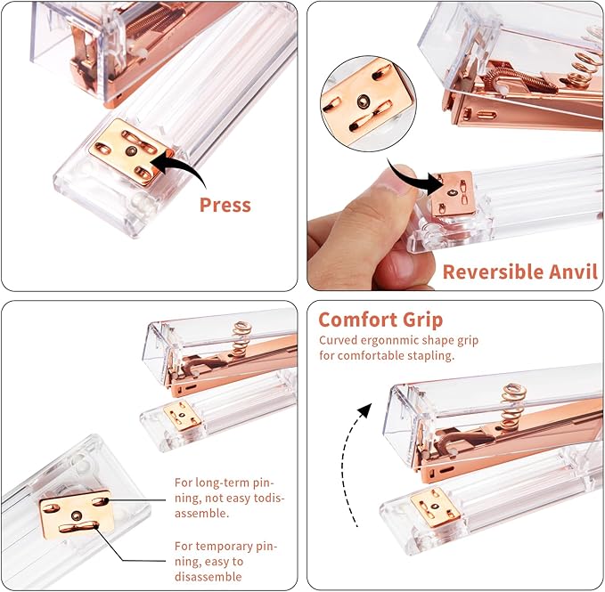 Rose Gold Desk Accessories, Office Supplies Set with Acrylic Stapler, Tape Dispenser, Staple Remover, Pen Holder, Scissor, Binder Paper Clips, 1 Ballpoint Pen, 1 Clear Tape and 1000pcs Staples