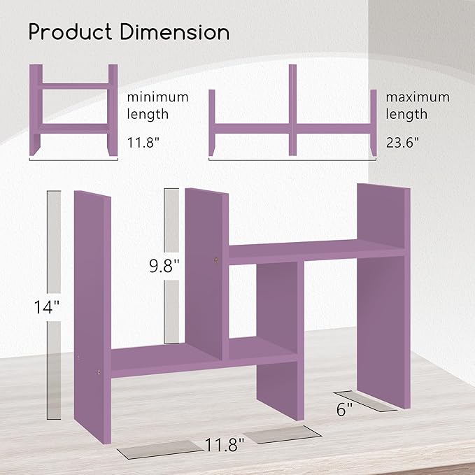 Jerry & Maggie Desktop Organizer Office Storage Rack Adjustable Wood Display Shelf Free Style Double H, Multi-Functional Mini Bookshelf for Desk Natural Stand (Violet)