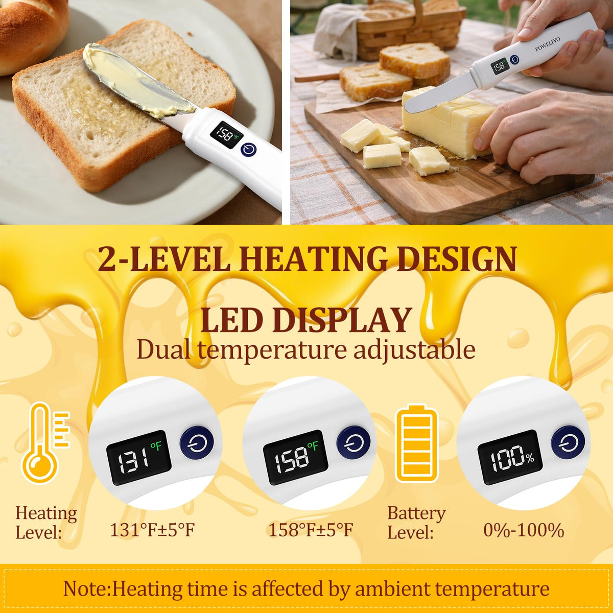 Heated Butter Knife Spreader – Stainless Steel, IP68 Waterproof, Rechargeable with Smart Temp Display | For Hard & Cold Butter, Cream Cheese & Jam – Perfect for Kitchen, Restaurant, Picnic & Party