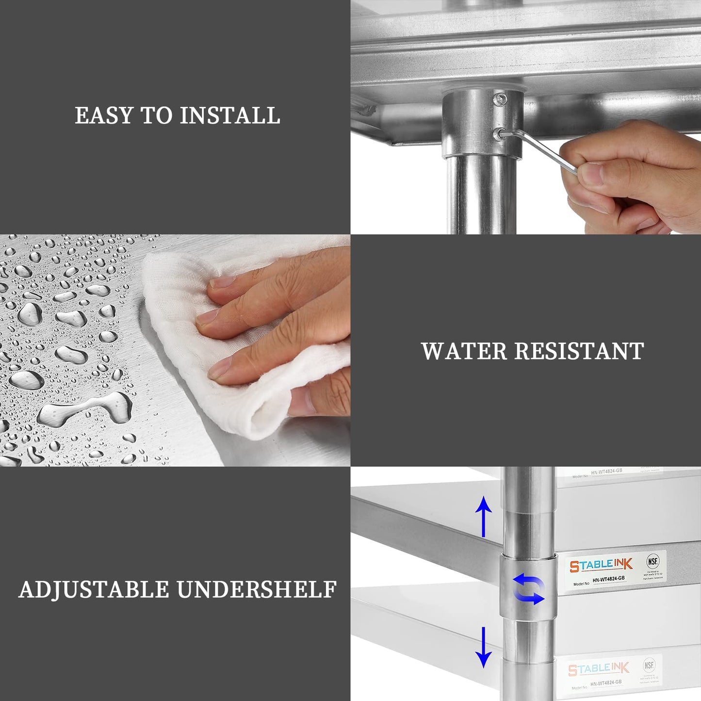 STABLEINK NSF Stainless Steel Prep Table 60x24 Inches 5ft, Metal Work Table with Adjustable Undershelf, for Commercial Kitchen, Restaurant, Hotel, Laundry and Garage