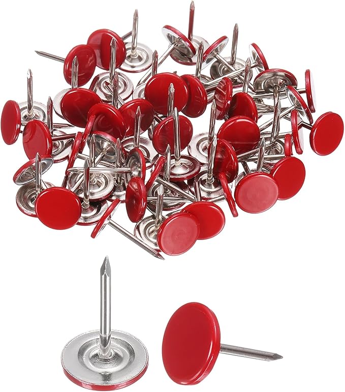uxcell 100Pcs Upholstery Tacks, 11mmx17mm Flat Head Thumb Tack Decorative Furniture Nails Push Pins for Furniture Sofa Headboards, Red