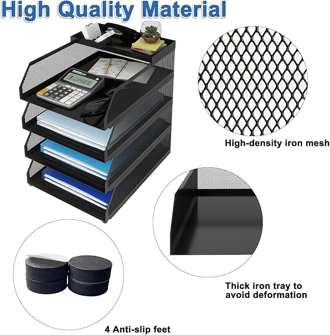 Natwind 4-Tier Stackable Paper Tray, Metal Mesh Desktop Organizer, Paper Sorter, Letter Trays,File Document Storage Rack for for Home, Office, School (Black)