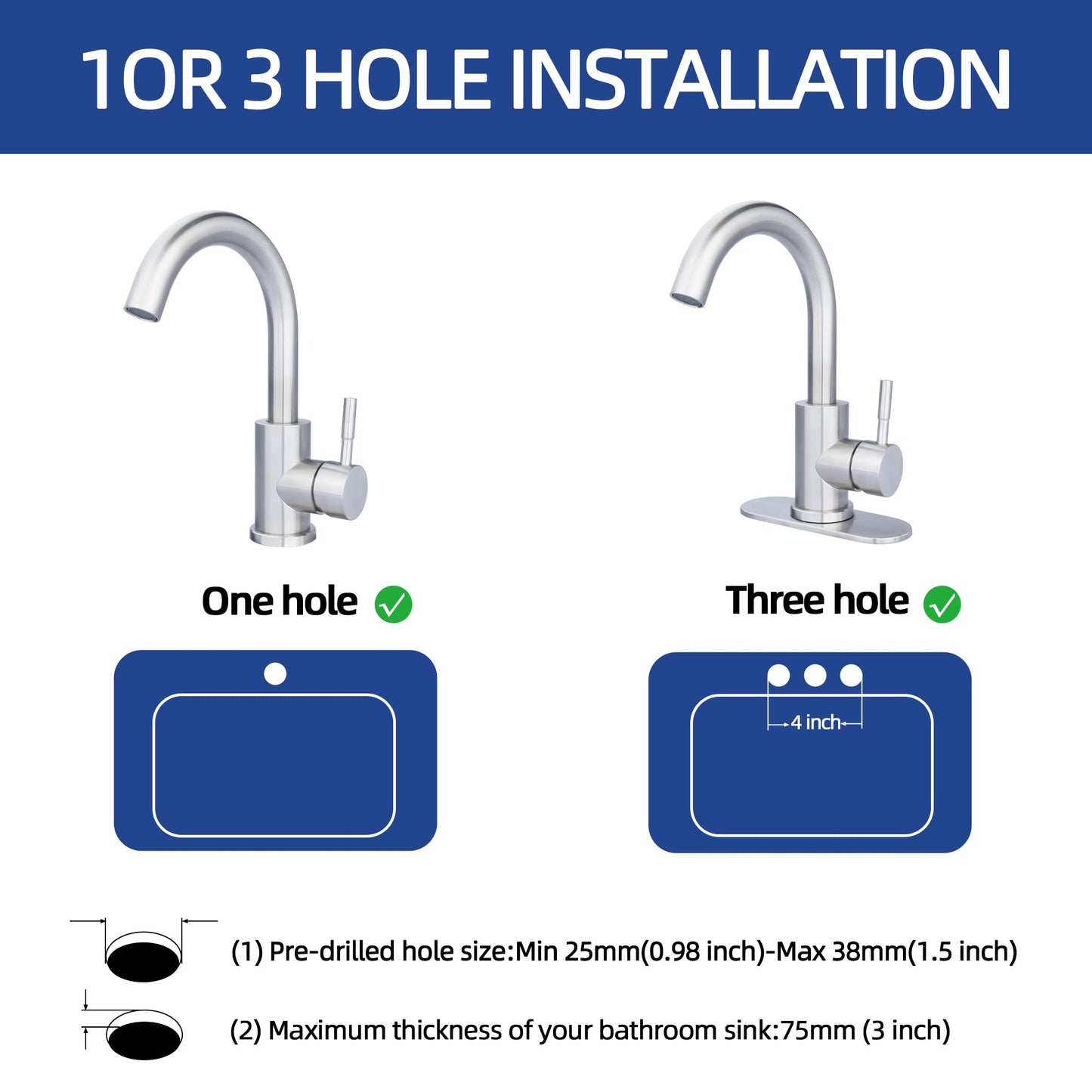 Kohonby Brushed Nickel Bathroom Sink Faucet - Single Hole, Modern Single Handle Commercial Stainless Steel Bar Faucet with Drain