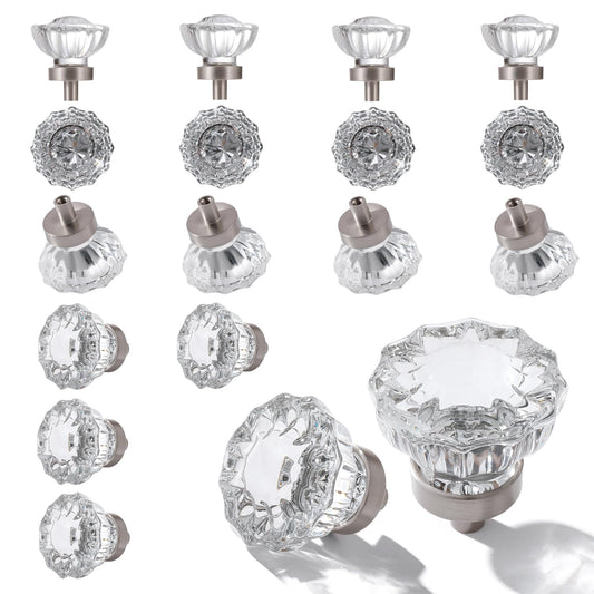 CEYMIO Crystal Cabinet Knobs 16 Pack Clear Glass Pulls for Kitchen Bedroom Bathroom Living Room Furniture, Brushed Nickel Silver Base Old Style Cabinets Closet Dresser Drawers Cupboard Accessories