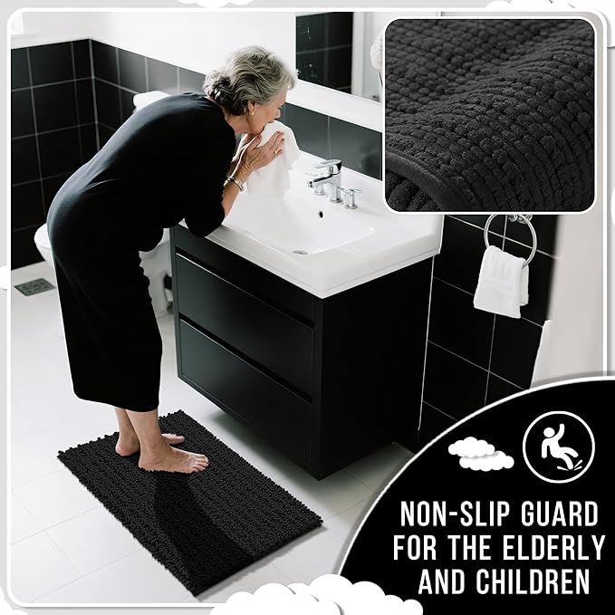 Yimobra Bathroom Rugs Non Slip Washable 24x17 Inch - Ultra Soft Absorbent Chenille Bath Mat, Quick Dry Shaggy Floor Carpet for Tub Shower, Black Home Decor Accessories