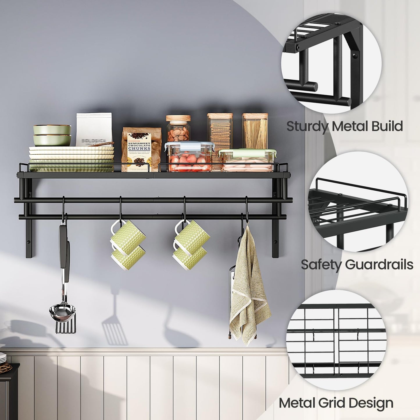 CHOEZON Hanging Pot Rack, Wall-Mounted Pot Rack, Kitchen Cookware Organizer, Metal Pot and pan Organizer Holder, for Cookware, Utensils Organization, Black TPR38BB
