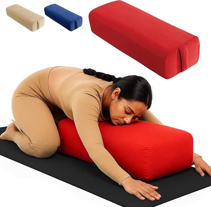 Rectangular Yoga Bolster Pillow for Meditation, Yoga & Back Support – Soft Meditation Cushion with Removable Hand Wash Cotton Cover & Carry Handle (Red)