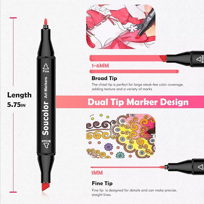 Soucolor Alcohol Markers, 80 Colors Dual Brush Tip Permanent Art Coloring Marker for Book Painting Card Making, Art Supplies Gift Box for Adults Teens Kids Boys Girls 8-12