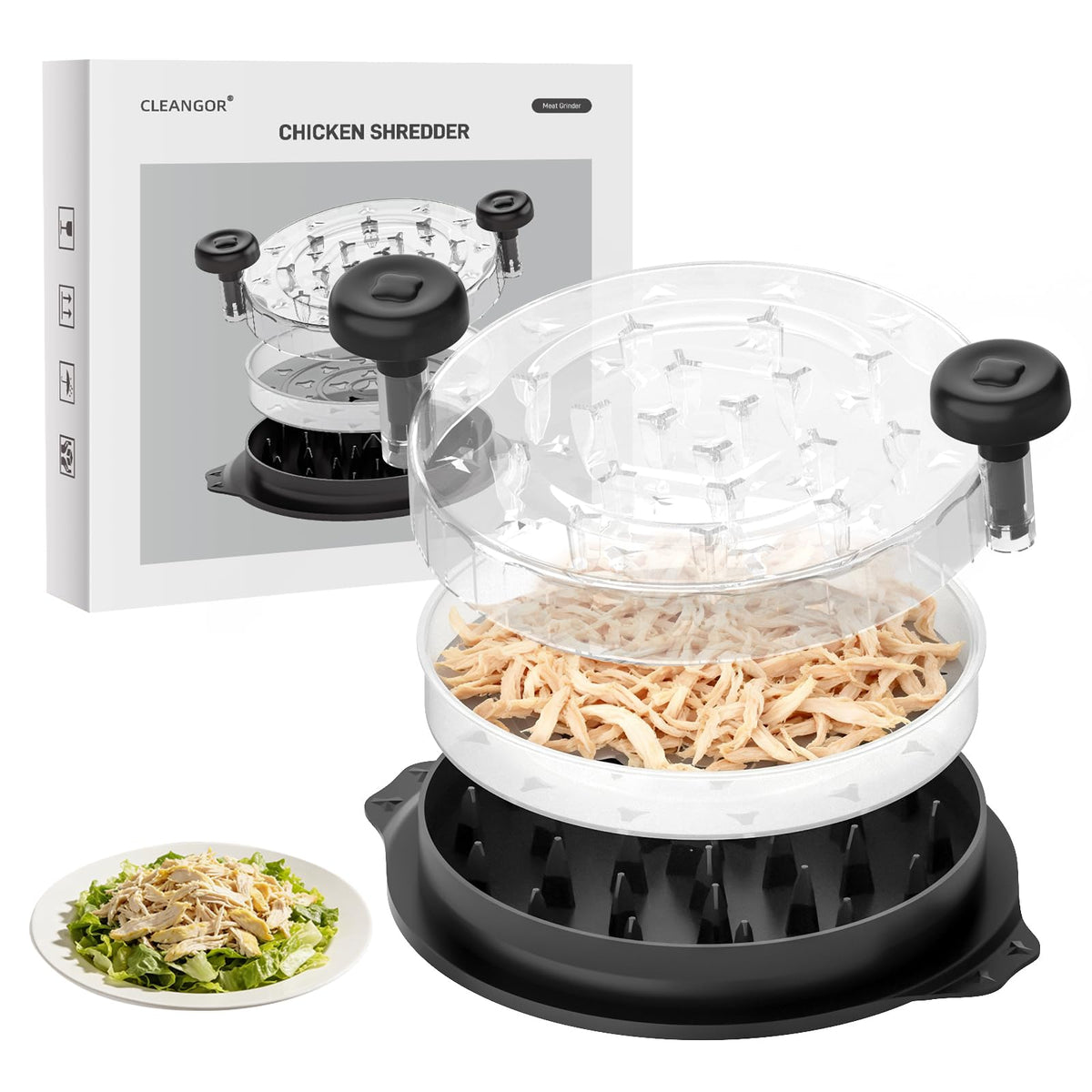 Cleangor Chicken Shredder Tool Twist, Visible Chicken Breast Shredder Tool Meat Shredder with Removable Tray, Ergonomic Handle, Non-Slip Base Food Shredder Tool for Chicken, Pork, Beef, Fish
