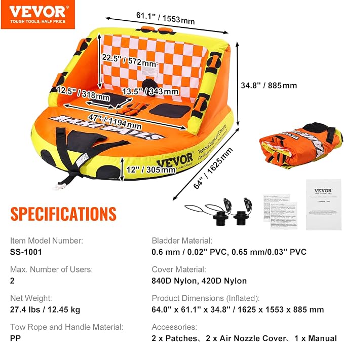 VEVOR Towable Tube for Boating, 1-2 Riders Inflatable Towable Tubes with Deck Seats and Backrest, 340 lbs Water Sport Tube for Boat to Pull, Full Nylon Cover, EVA Grab Handles and Speed Safety Valve