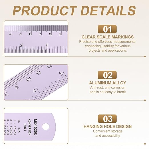 HARFINGTON 2pcs Metal Straight Ruler 30cm Metric SAE Aluminum Alloy Measuring Rulers Scale Tool with Hole for Measure Study Reading Classroom Office, Purple