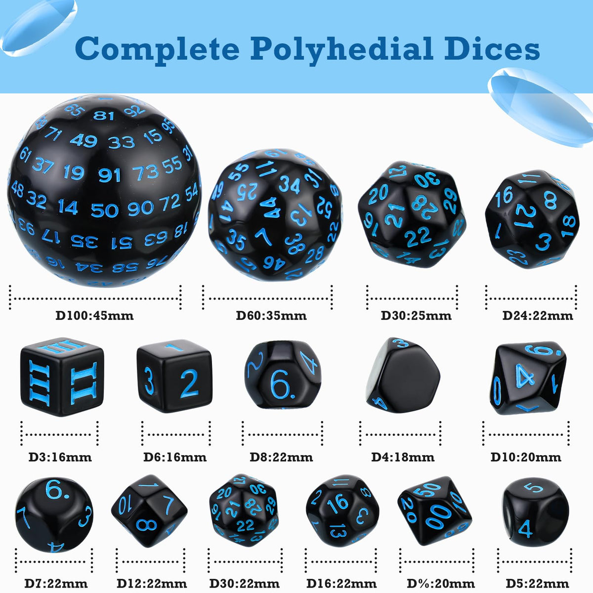 Civaner 15 Pcs Complete Polyhedral Dice Set D3-D100 Spherical RPG Dice Set in Opaque Black, 100 Sides for Role Playing Table Games Party Supplies(Black and Blue)