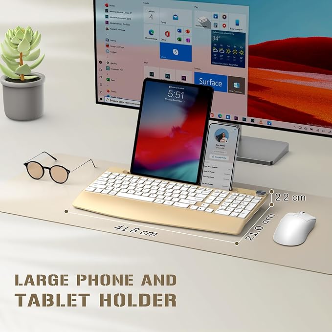 Ergonomic Wireless Keyboard and Mouse with Wrist Rest，Phone Holder - 2.4GHz Full-Sized Low-Profile Quiet Gold Wireless Mouse and Keyboard Combo for Computer, Laptop, PC, Mac-Gold