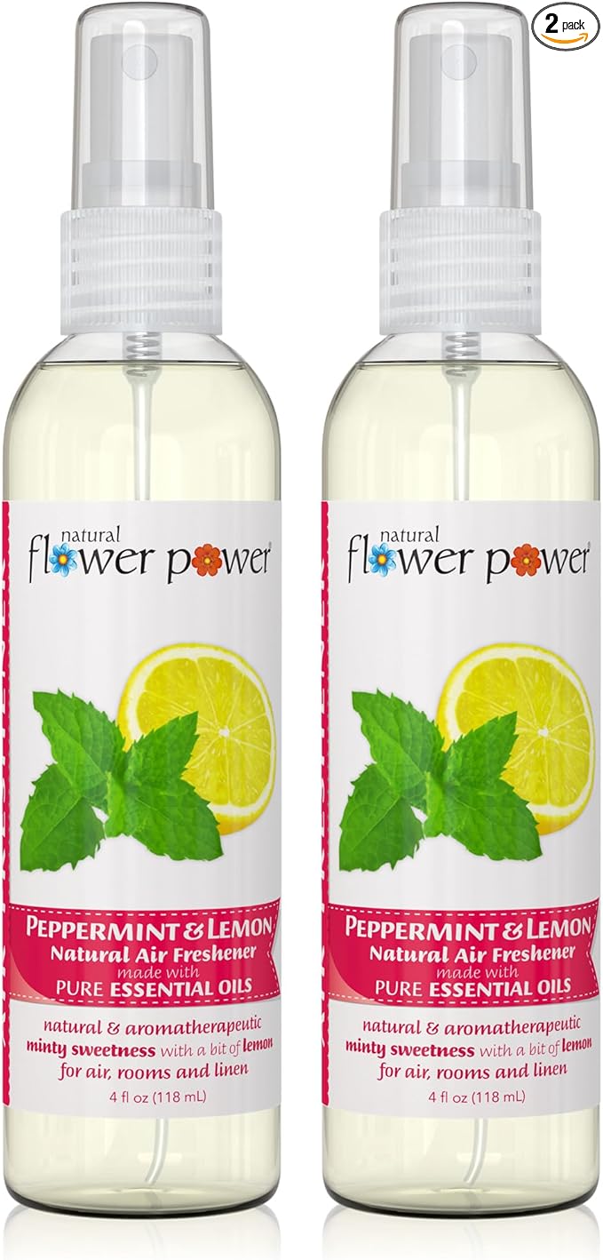 Natural Flower Power Air Freshener Spray - Odor Eliminator with Essential Oils for the Home, Car & Fabric - Cruelty Free & Vegan - Peppermint & Lemon - 2 x 4 oz