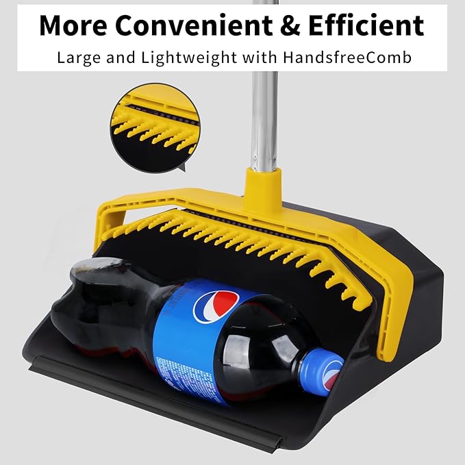 Broom with Dustpan Combo Set, Brooms and Dustpans Sets with 51'' Long Handle, Large Dust Pan and Broom, Self-Cleaning Dustpan Teeth for Lobby Kitchen Office - Black and Yellow