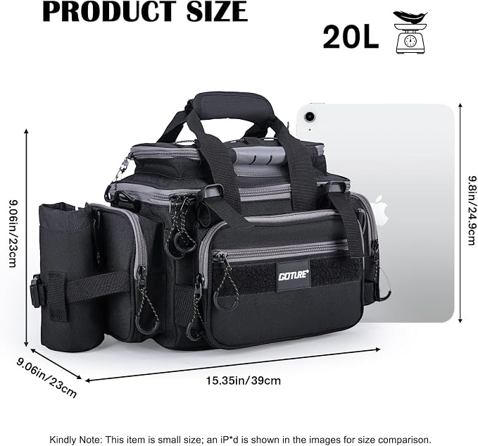 Goture Fishing Tackle Bag with 4 Tackle Boxes, Soft Side 600D Water-Resistant Cross Body Sling Fishing Bag with Rod Holder, Small Saltwater Gear Storage Tactical Bags, Gifts for Men/Women