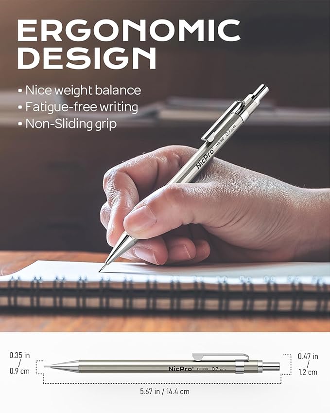 Nicpro 8 Pack 0.5mm & 0.7mm Metal Mechanical Pencil Set, MB1000 Lead Drafting Pencil for Artist Writing, Sketching, Drawing with 8 Tubes HB Lead Refills, 3PCS 4B Eraser, 9PCS Cap Eraser - With Case