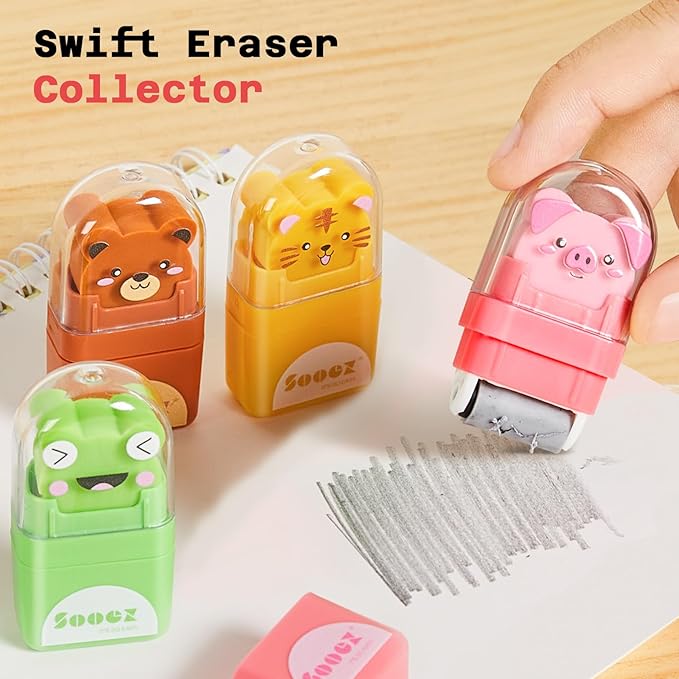 Sooez 12 Pack Pencil Erasers with Clean up Roller, Cute Erasers for Kids, Animal Fun Eraser with Shaving Roller and Cover, for Teacher Class Favor School Supplies Home Office Party