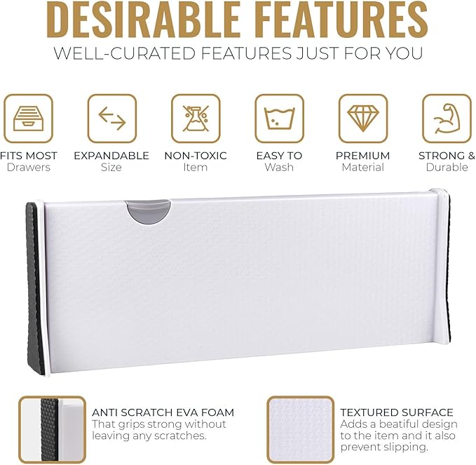RAPTUROUS Adjustable Deep Drawer Divider – 5" Tall, Expandable 13-22", 4-Pack, Non-Slip Drawer Dividers for Clothes, Dresser, Kitchen & Office Organization (White)