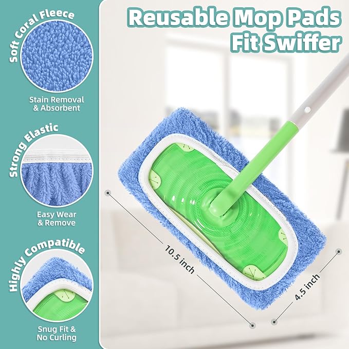 Reusable Mop Pads Compatible with Swiffer Sweeper Mop, Microfiber Dry Sweeping Cloths & Machine Washable Wet Pads Refill for Use on All Sealed Floors - Stone, Hardwood, Laminate & Tile (10 Blue)