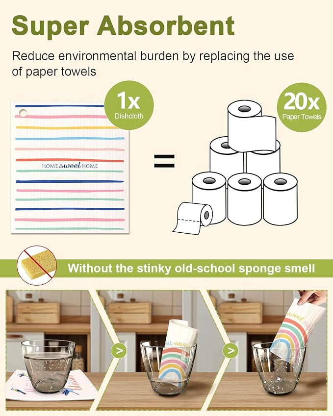 6 Pack Swedish Dishcloths for Kitchen - Reusable Dish Cloths for Washing Dishes Absorbent Cute Funny Kitchen Towels Cleaning Sponge, Rainbow