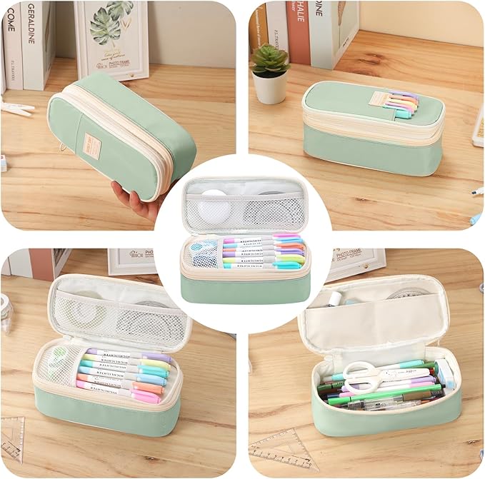 Pencil Case Aesthetic Pencil Bag with Zipper Pencil Pouch Big for Girls Kids Teens Adults Stationery Pencil Case Organizer for School Green