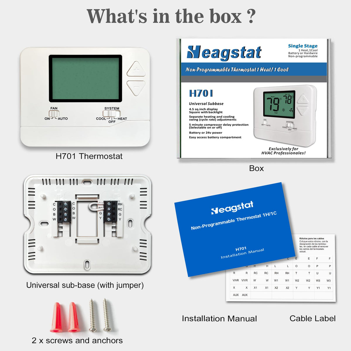 Heagstat Non-Programmable Thermostats for Home Conventional Single-Stage Systems, up to 1 Heat/ 1 Cool (with White Backlight)